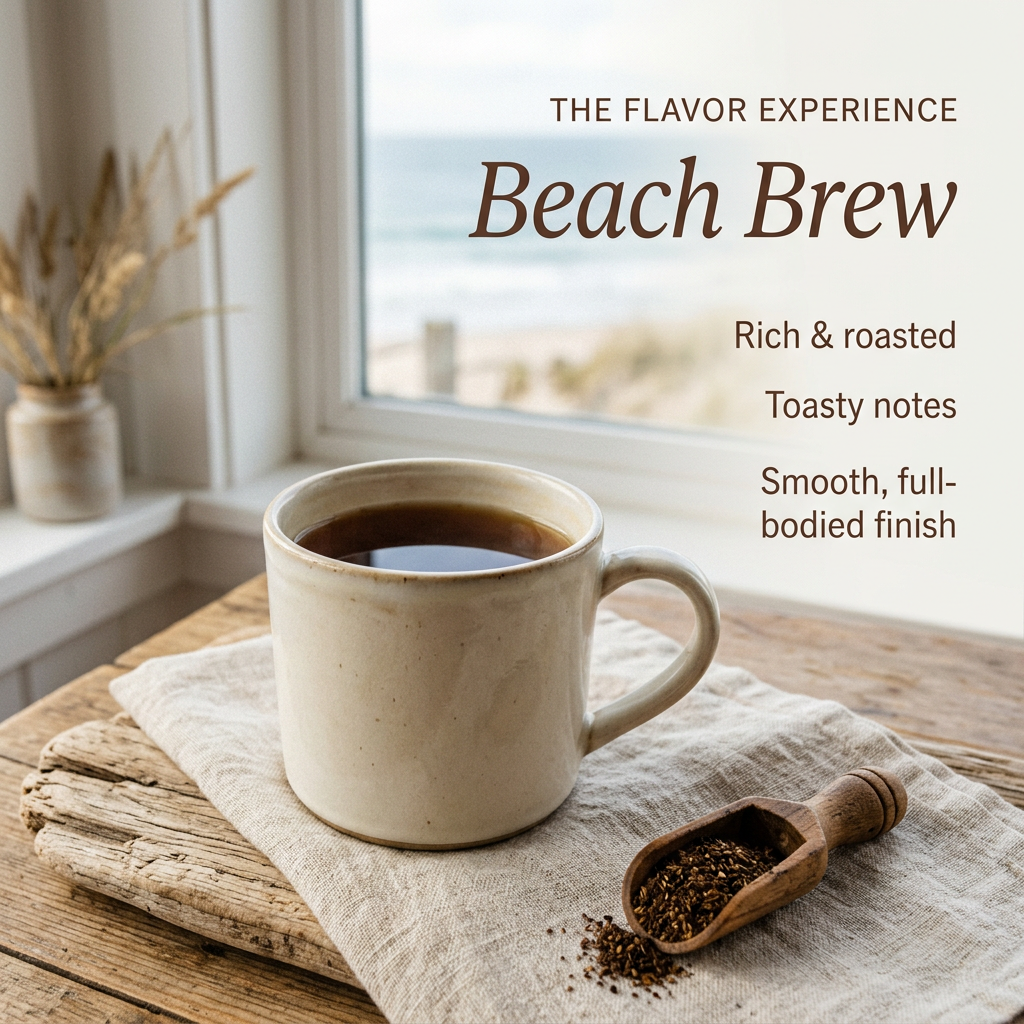 Beach Brew flavor slide showing a cream mug of dark herbal brew beside a wooden scoop in a coastal cottage, with rich roasted flavor, toasty notes and a smooth full-bodied finish.