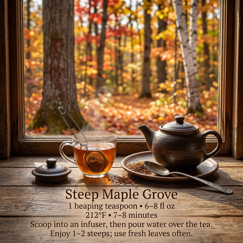 Maple Grove brewing instructions: one heaping teaspoon per six to eight fluid ounces, 212°F for seven to eight minutes, in an autumn cottage scene.