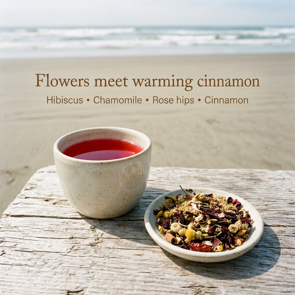 Surf Break herbal tea with hibiscus, chamomile, rose hips and warming cinnamon beside a sandy shoreline.