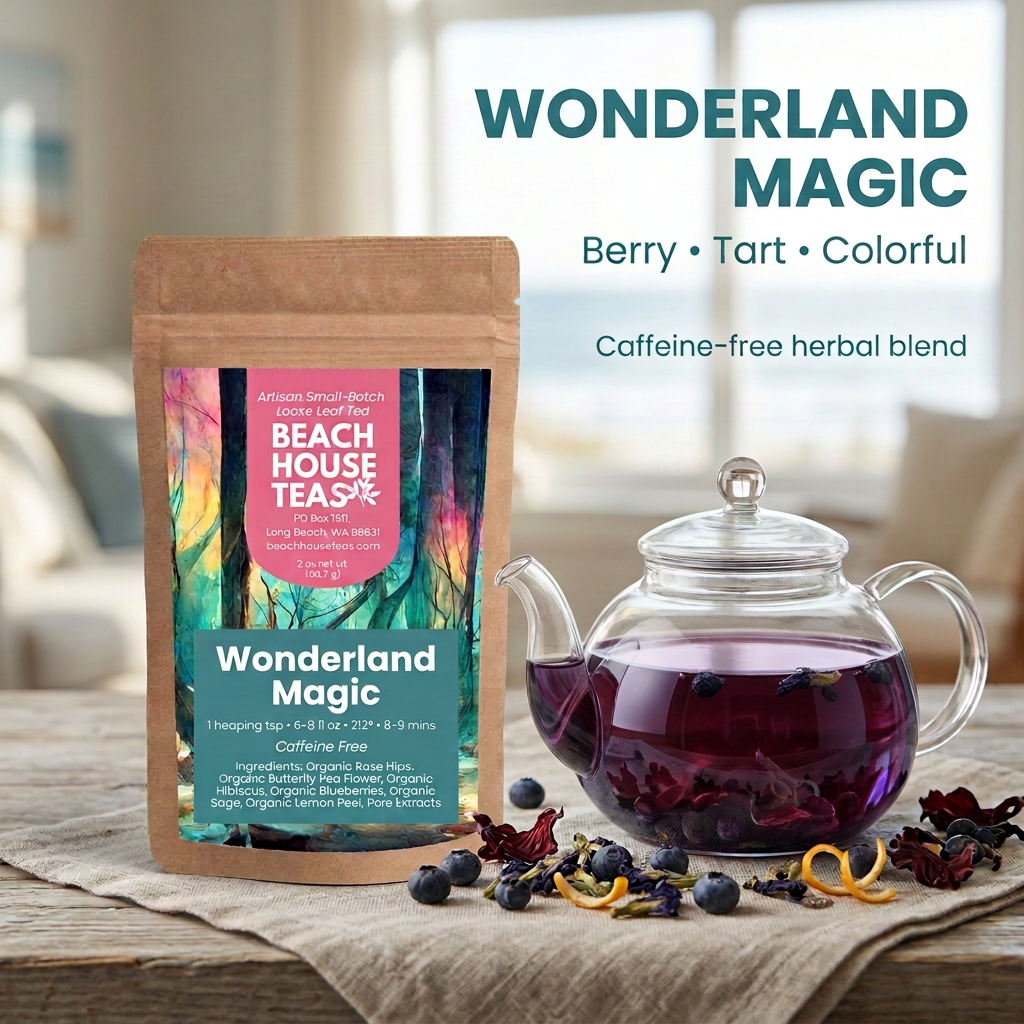 Wonderland Magic hero slide with maroon herbal tea.