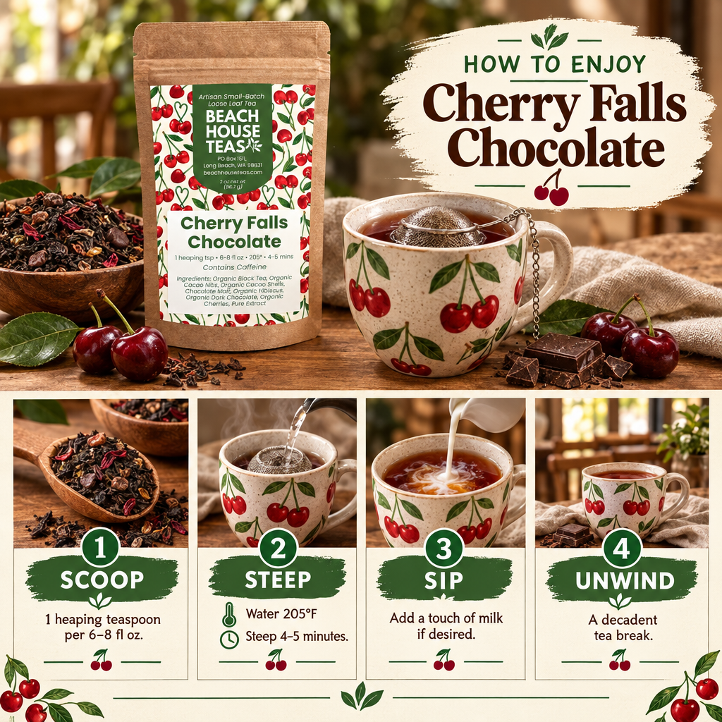 Cherry Falls Chocolate brewing guide: 1 heaping teaspoon per 6–8 fl oz, water at 205°F, steep 4–5 minutes; milk optional.