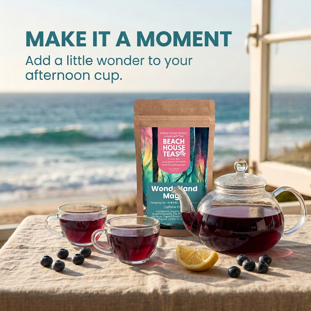 Wonderland Magic lifestyle slide with burgundy-maroon tea.