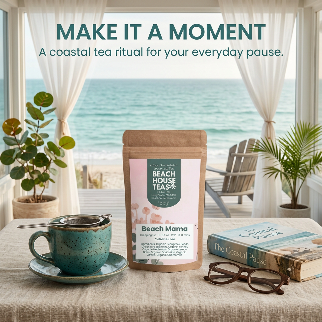 Beach Mama coastal sunroom tea ritual lifestyle slide.
