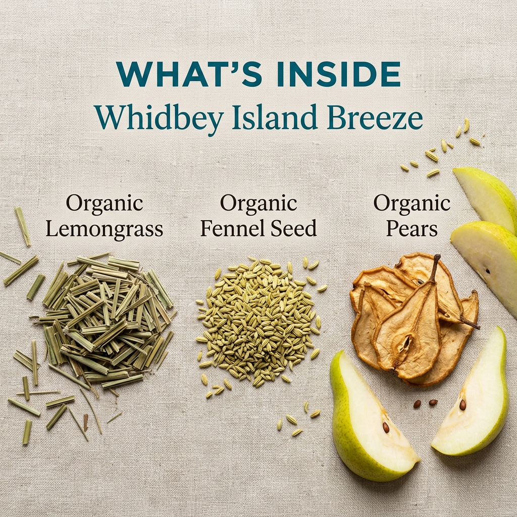 Whidbey Island Breeze ingredients: organic lemongrass, fennel seed and pears, without packaging.