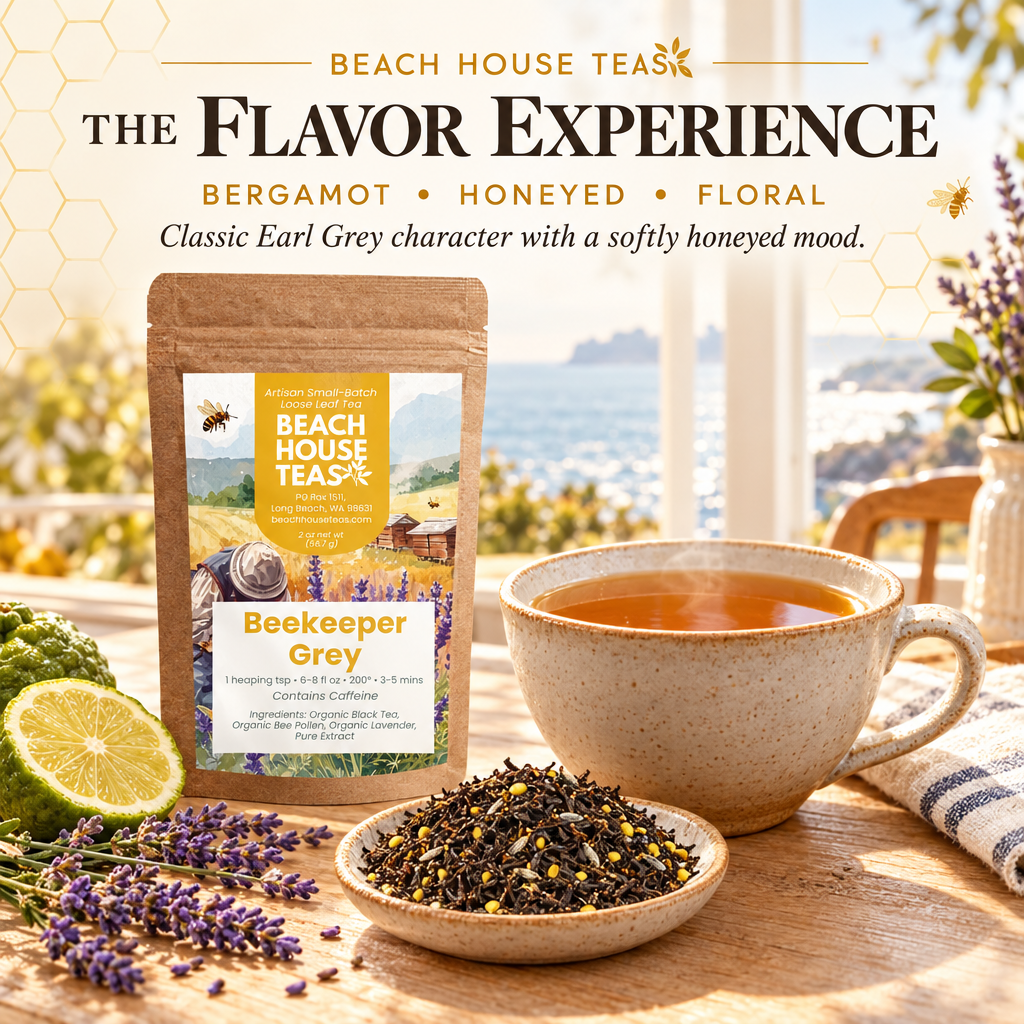 Beekeeper Grey pouch and amber tea with bergamot and lavender, highlighting bergamot, honeyed and floral notes.