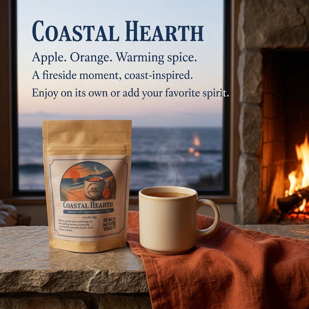 Coastal Hearth spiced hot toddy mix pouch beside an amber drink and a glowing coastal cottage fireplace. Apple, orange and warming spice; enjoy on its own or add your favorite spirit.