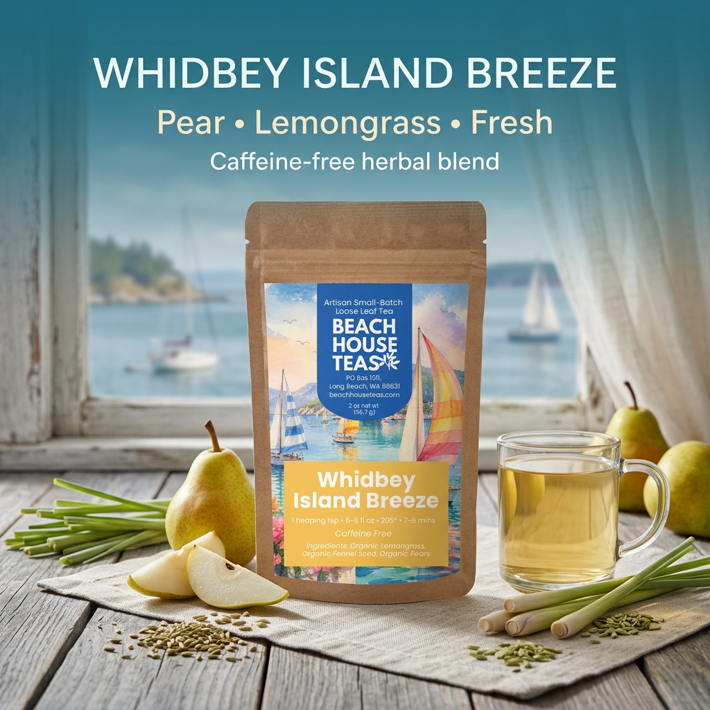 Whidbey Island Breeze pear, lemongrass and fennel herbal blend hero slide.