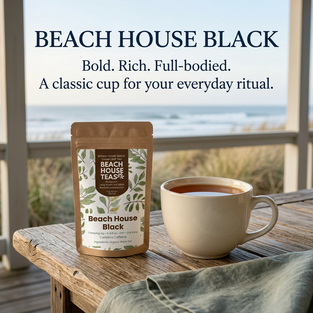 Beach House Black tea pouch beside a cream mug of amber black tea on a weathered coastal porch table overlooking dune grasses and surf. Bold. Rich. Full-bodied. A classic cup for your everyday ritual.