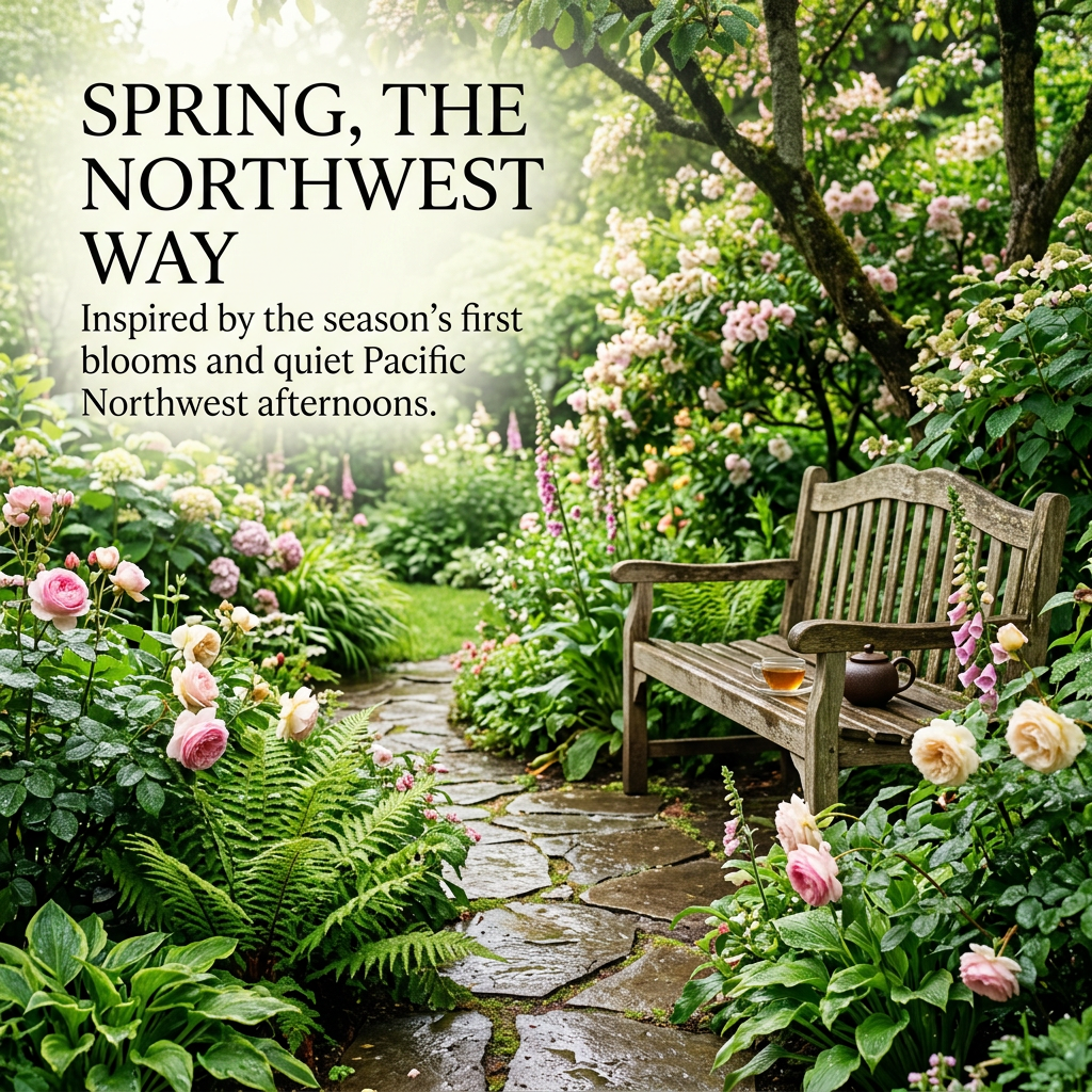 Northwest Spring inspiration: a quiet Pacific Northwest spring garden with a bench and tea.
