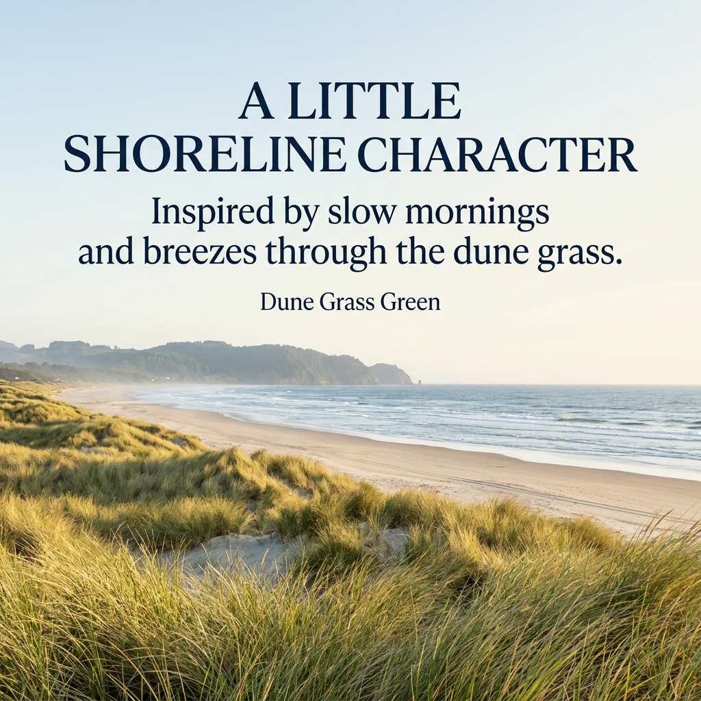 Sunlit beachgrass dunes overlook a broad sandy beach, gentle Pacific surf and a distant forested headland. A little shoreline character. Inspired by slow mornings and breezes through the dune grass. Dune Grass Green.