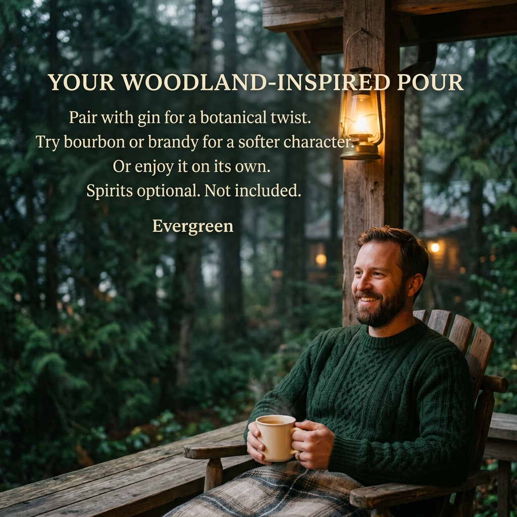 Adult enjoying Evergreen on a woodland cabin porch. Enjoy alone or pair with gin, bourbon or brandy. Spirits optional and not included.