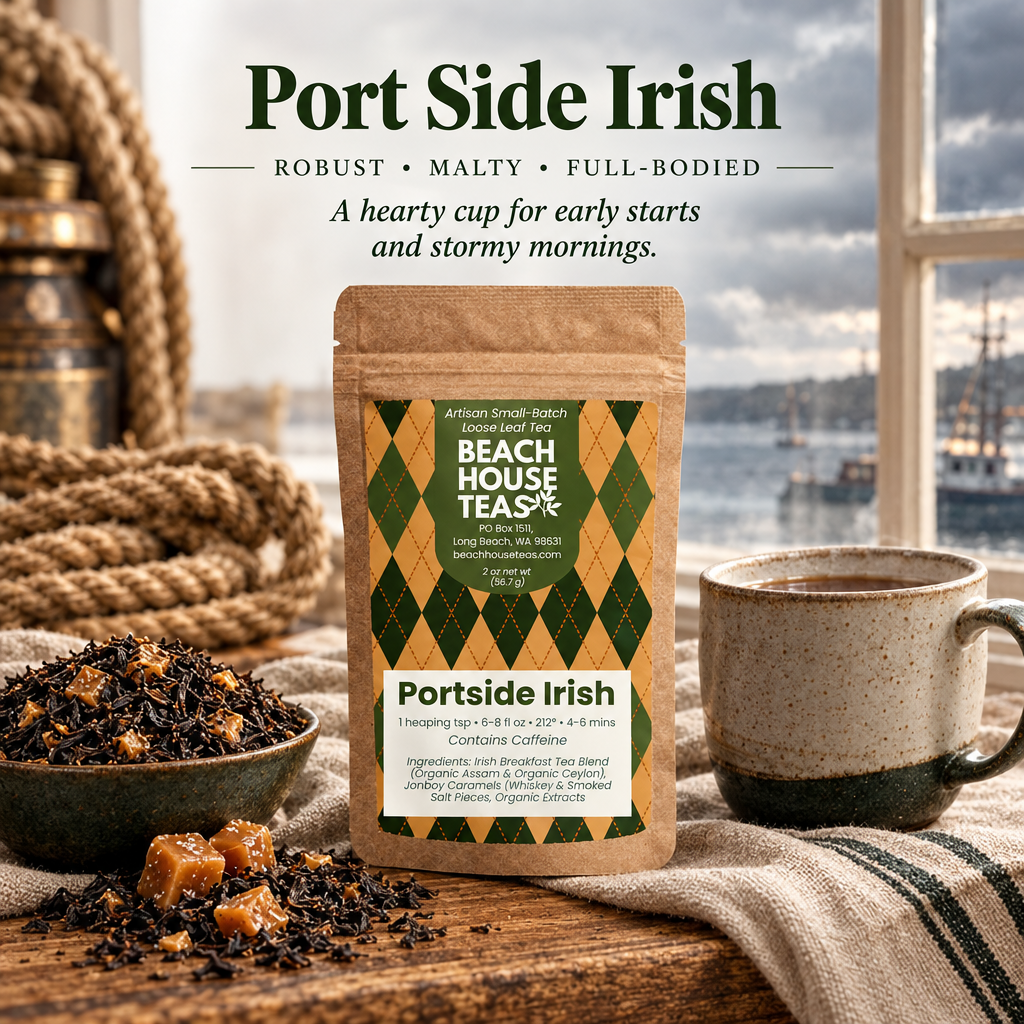Port Side Irish pouch with black tea, caramel pieces and a ceramic mug on linen by a stormy harbor window.
