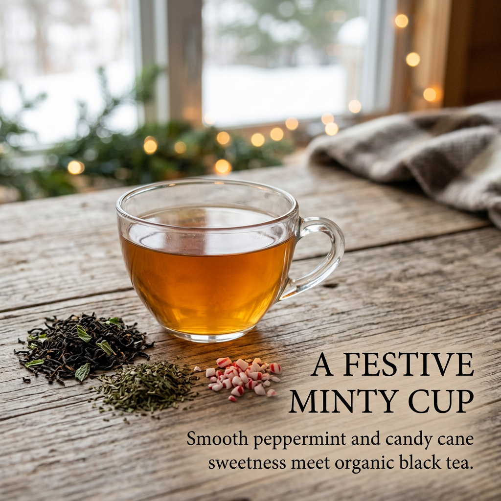 Peppermint Frost flavor: smooth peppermint and candy cane sweetness with organic black tea.