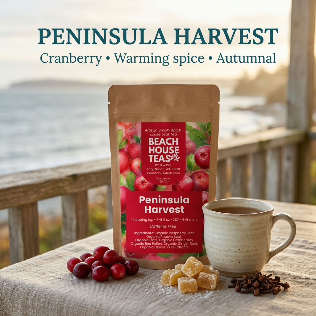 Peninsula Harvest cranberry and warming spice herbal blend hero slide.