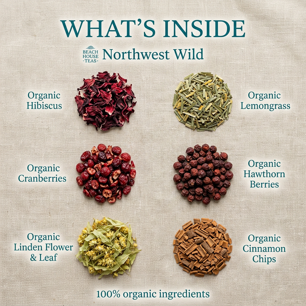 Northwest Wild ingredients: hibiscus, lemongrass, cranberries, hawthorn berries, linden flower and leaf, and cinnamon chips, without packaging.