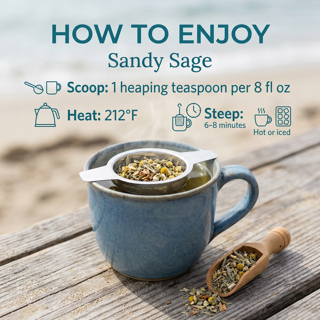 Sandy Sage brewing guide: one heaping teaspoon per 8 fl oz, 212°F water, steep 6–8 minutes; enjoy hot or iced.