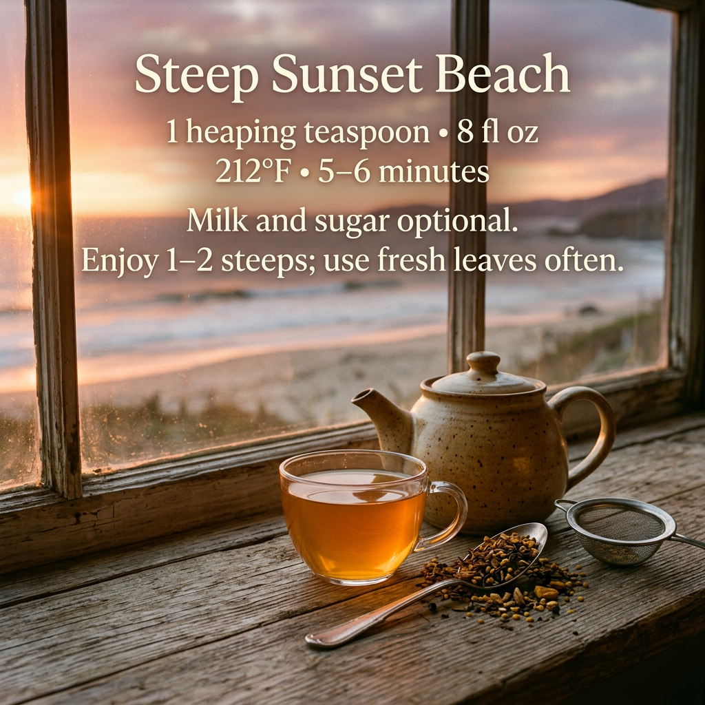Sunset Beach brewing: 1 heaping teaspoon per 8 fl oz, 212°F for 5–6 minutes. Milk and sugar optional; enjoy 1–2 steeps and use fresh leaves often.
