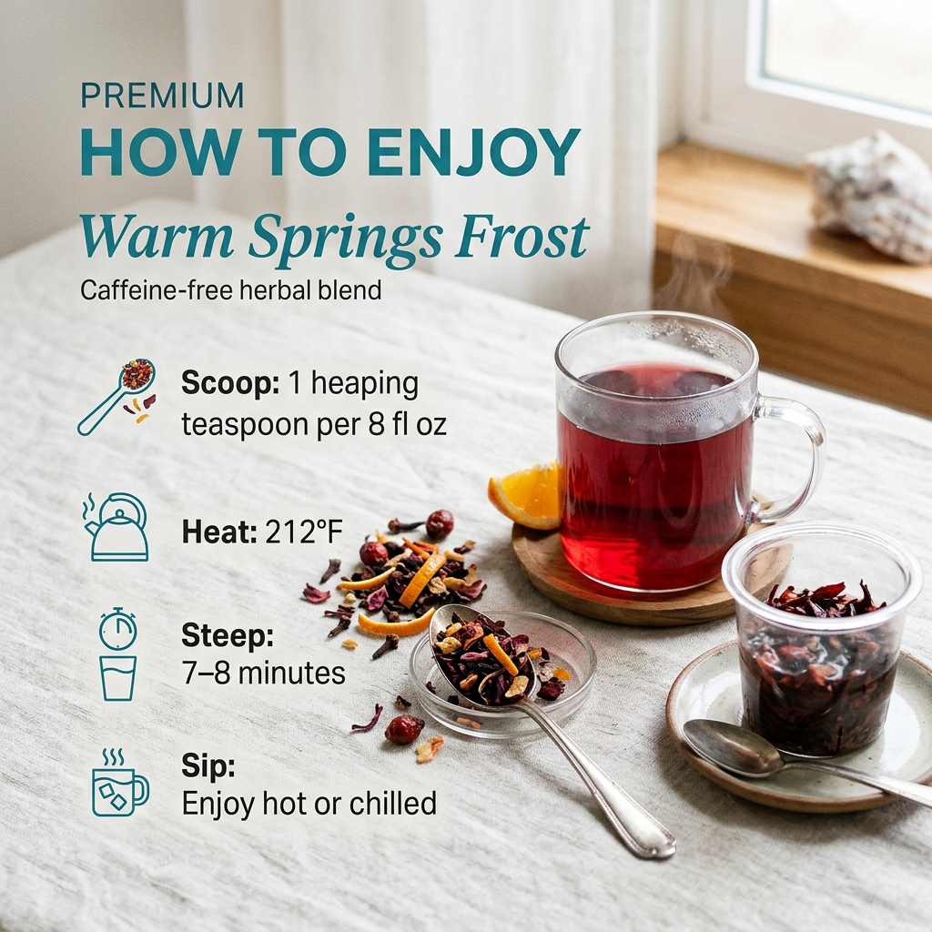Warm Springs Frost brewing guide: 1 heaping teaspoon per 8 fl oz, water at 212°F, steep 7–8 minutes.