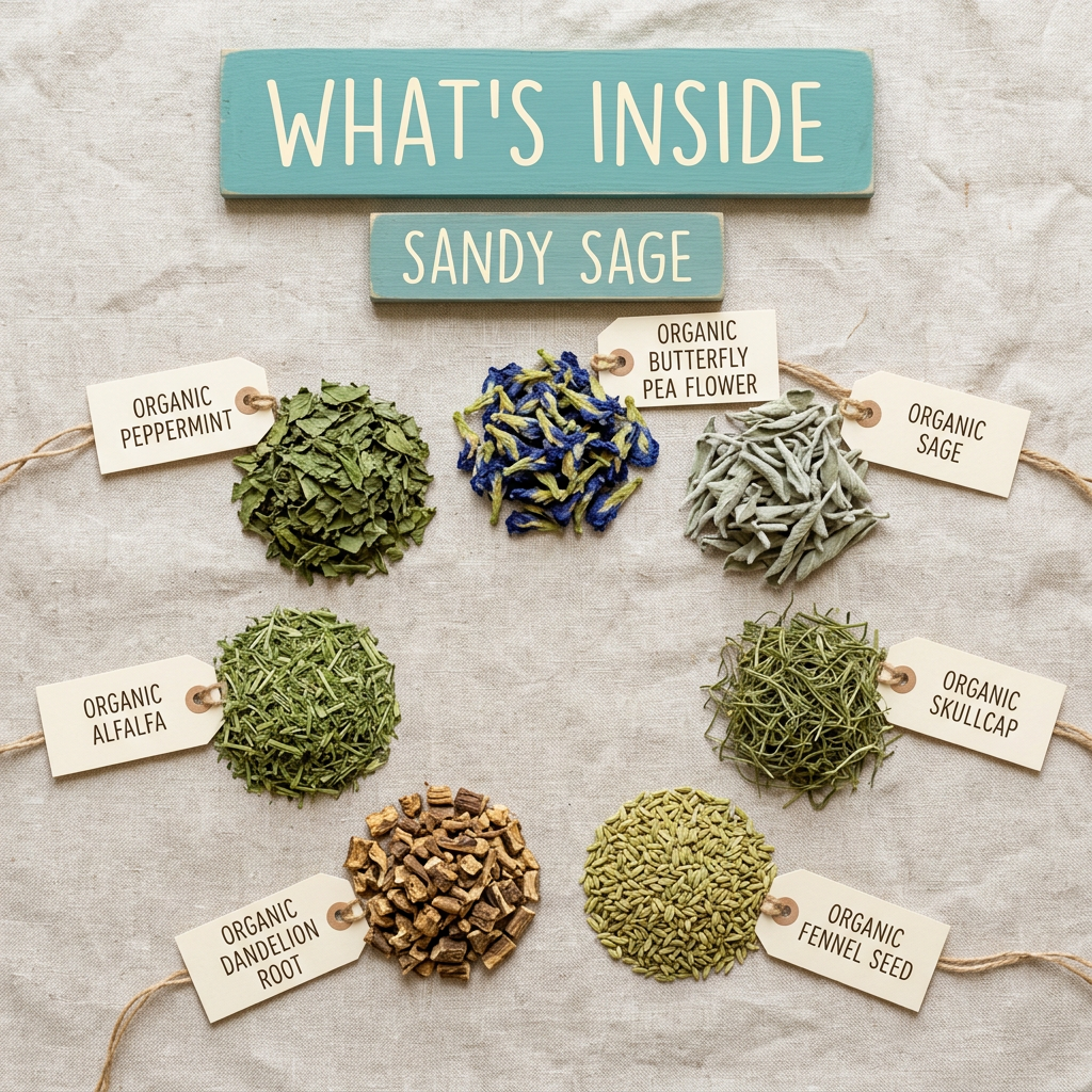 Sandy Sage ingredients: peppermint, butterfly pea flower, sage, skullcap, fennel seed, dandelion root and alfalfa.