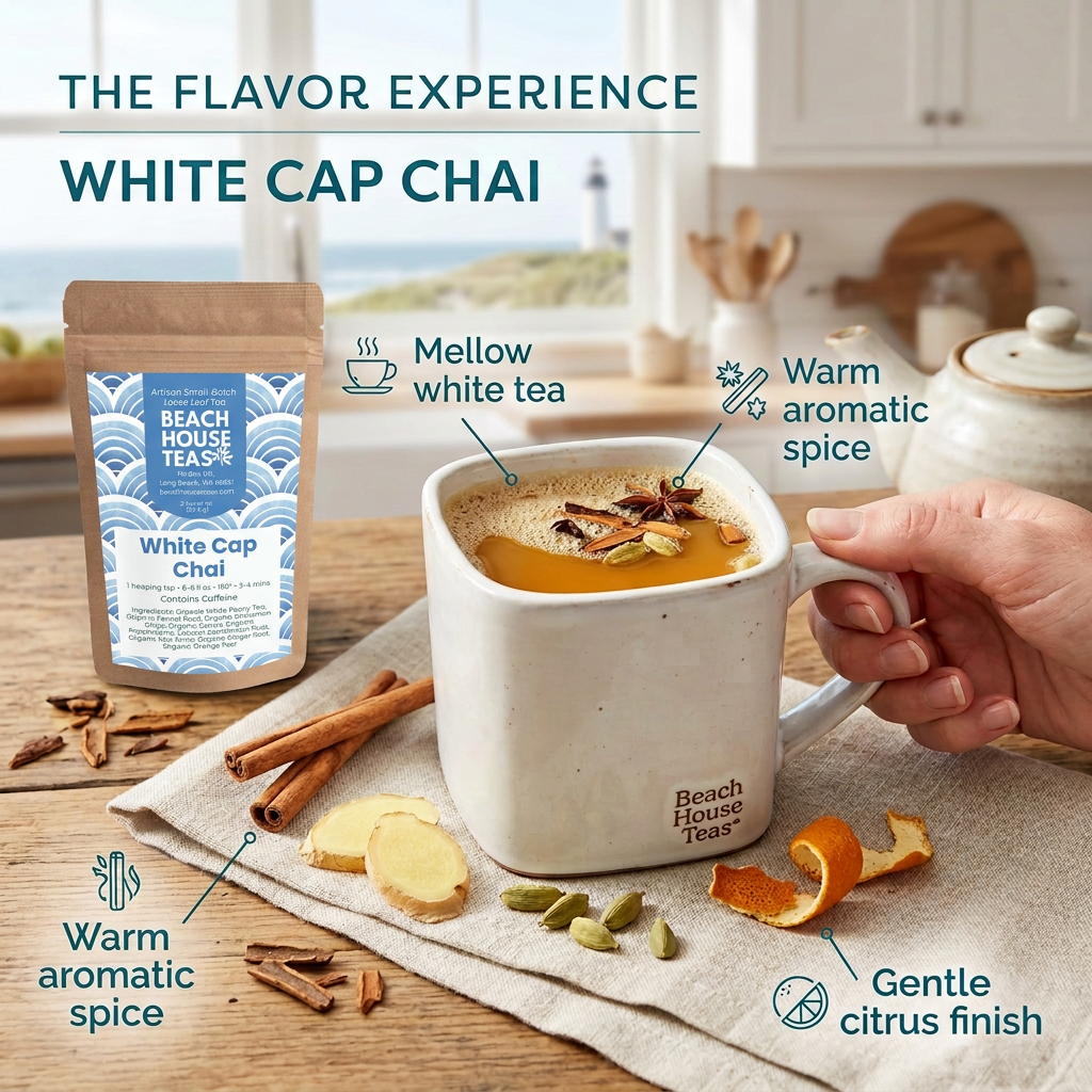 White Cap Chai flavor experience slide with product pouch, mellow white tea, aromatic spice and citrus notes.