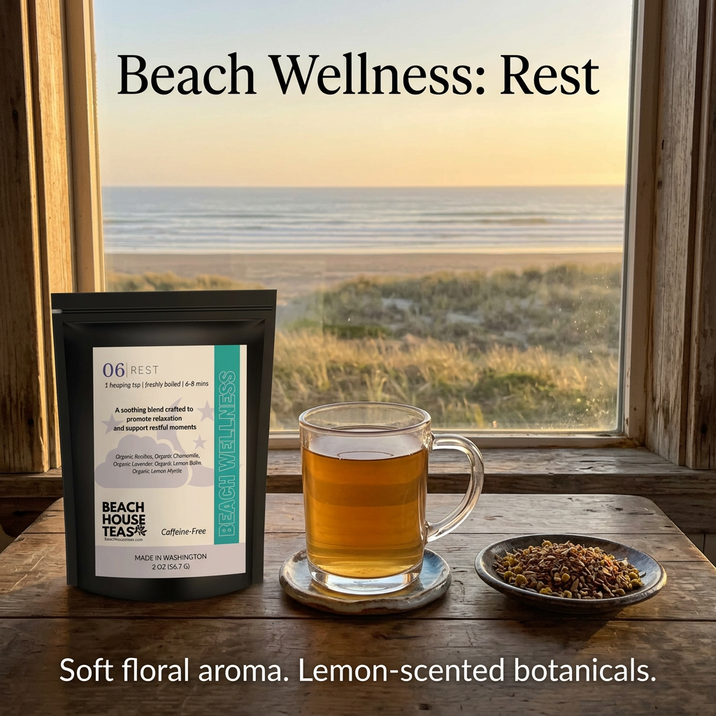 Beach Wellness Rest pouch beside amber tea and a separate dish of loose herbal blend overlooking the coast at golden hour.