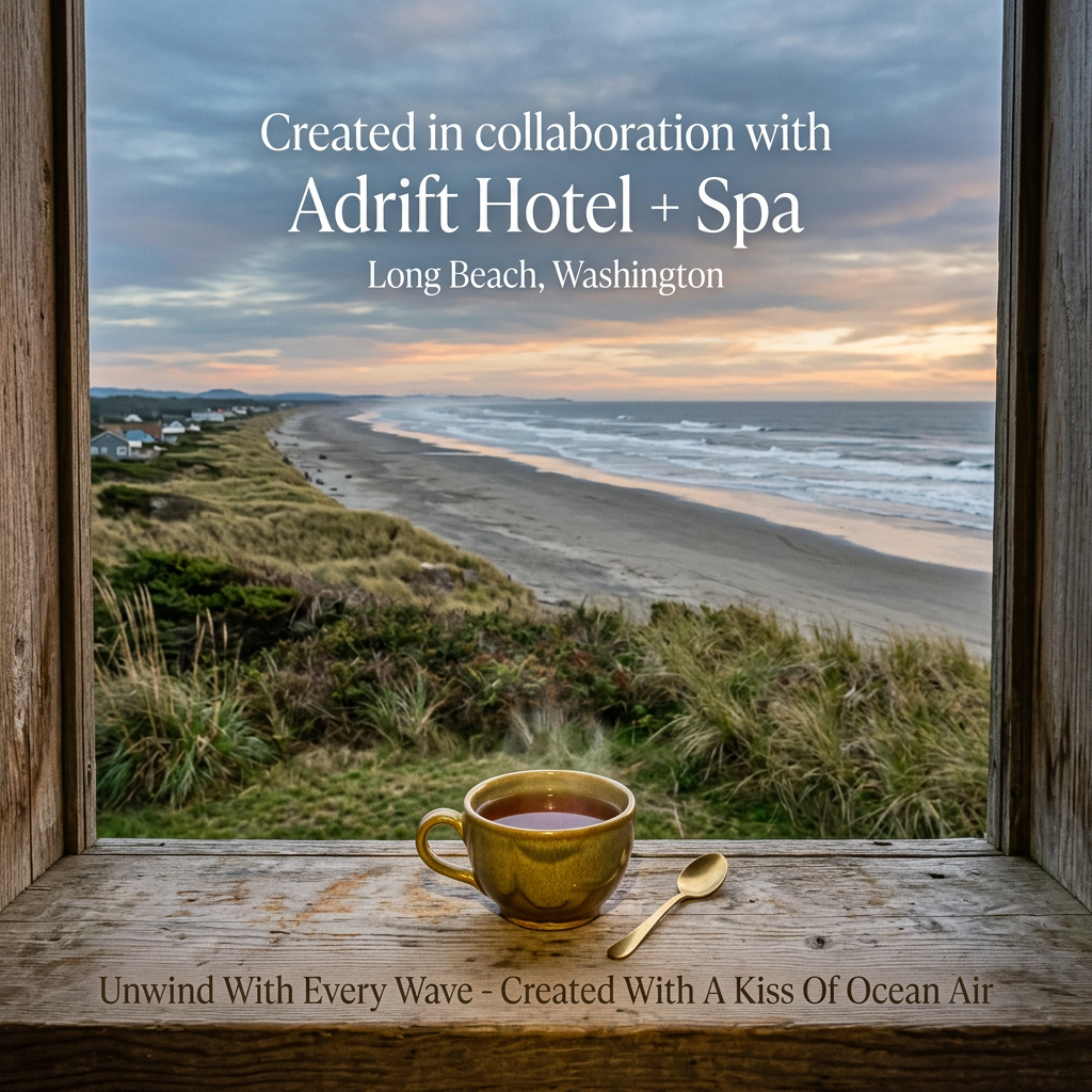 Tea overlooking the coast, celebrating the Adrift Hotel + Spa collaboration in Long Beach, Washington.