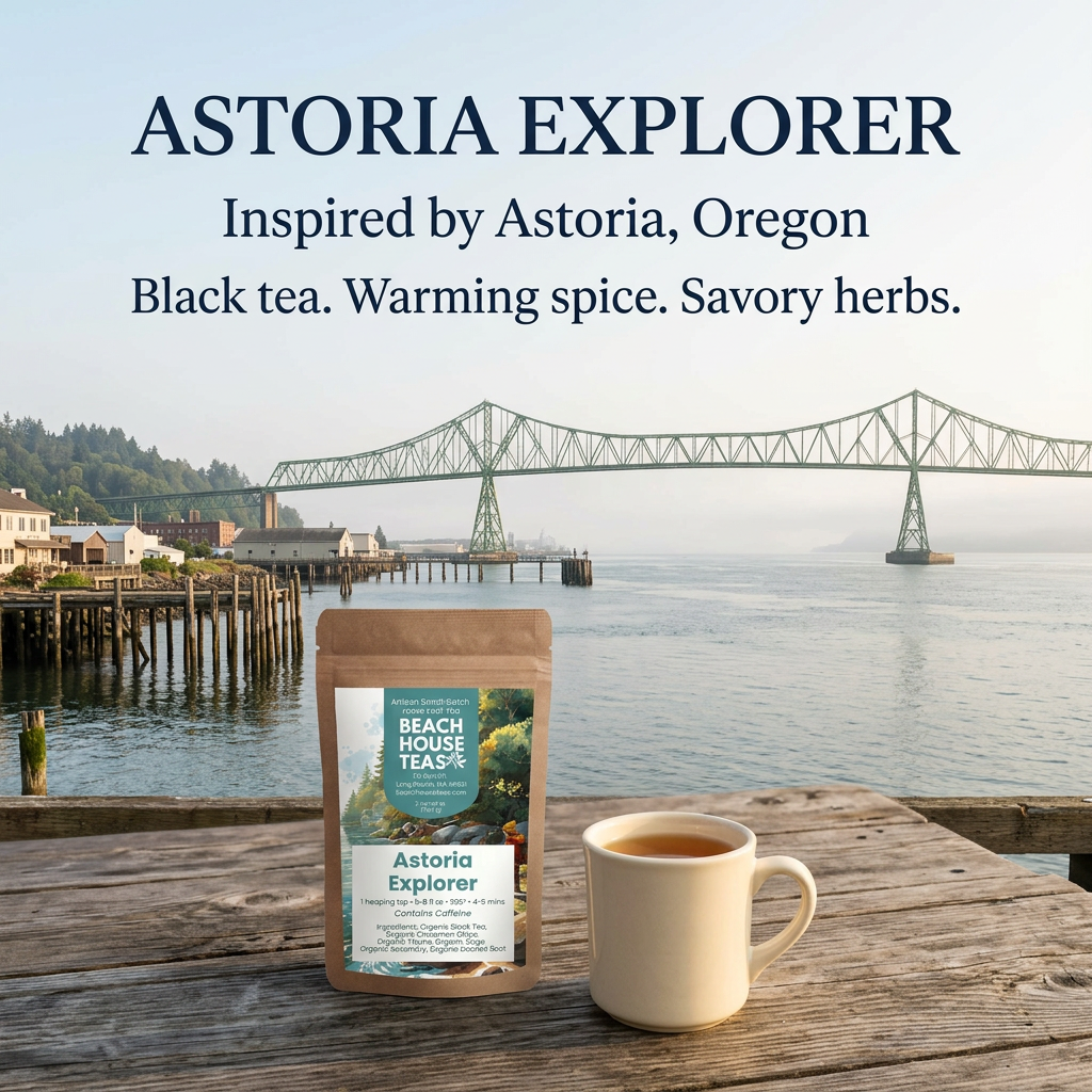 Astoria Explorer tea pouch and a cream mug of amber tea on a waterfront table, with an Astoria-inspired Columbia River and green bridge scene. Inspired by Astoria, Oregon. Black tea. Warming spice. Savory herbs.