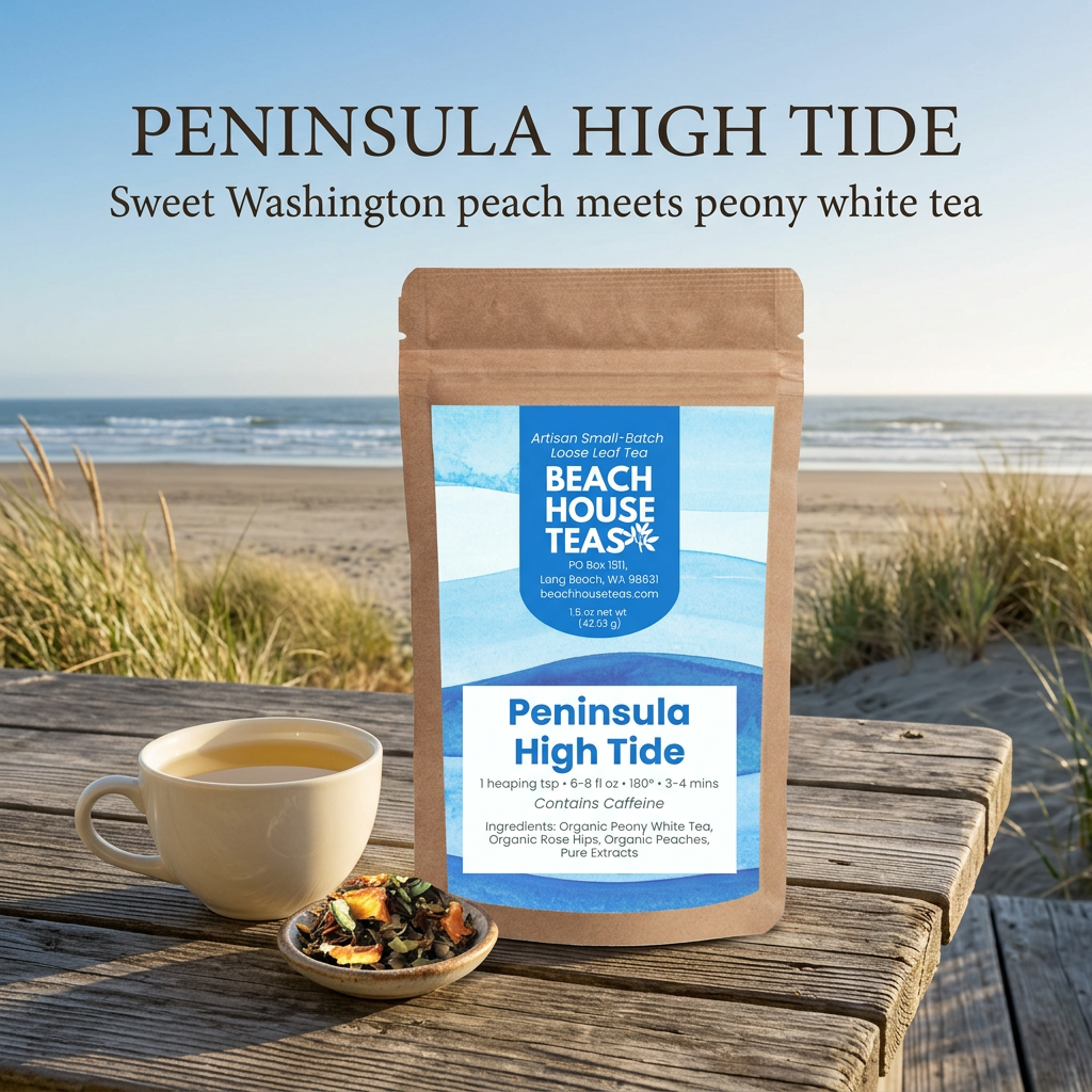 Peninsula High Tide pouch beside pale golden tea and loose peach white tea on a beach porch table.