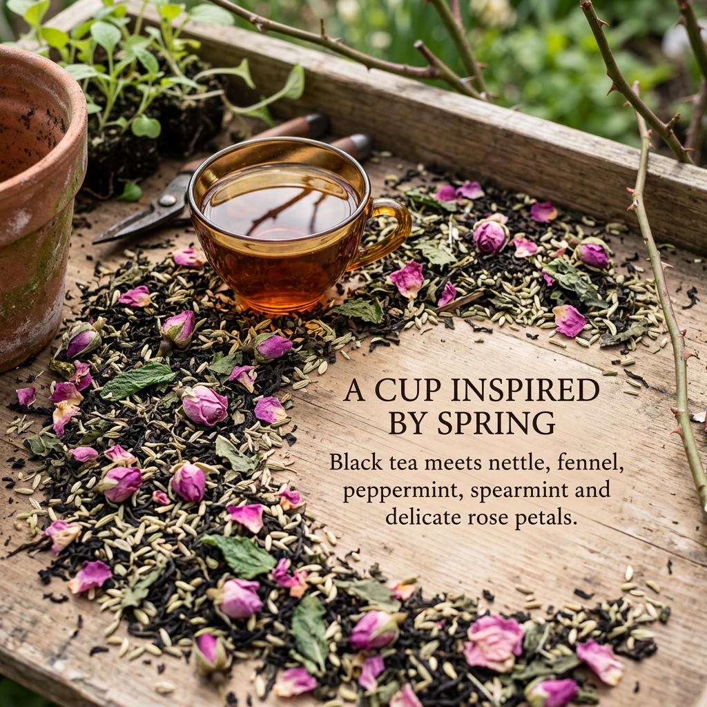 Northwest Spring black tea with nettle, fennel, peppermint, spearmint and delicate rose petals.