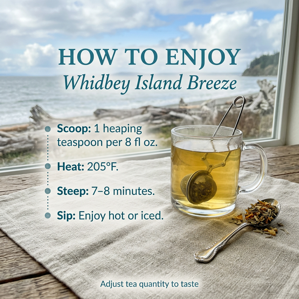 Whidbey Island Breeze brewing guide: 1 heaping teaspoon per 8 fl oz, water at 205°F, steep 7–8 minutes.