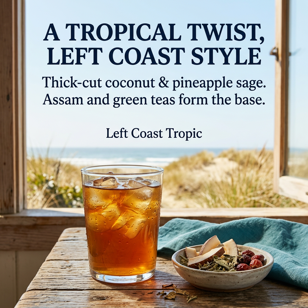 Left Coast Tropic flavor: thick-cut coconut and pineapple sage with an Assam and green tea base, shown beside iced tea at a beach cottage.