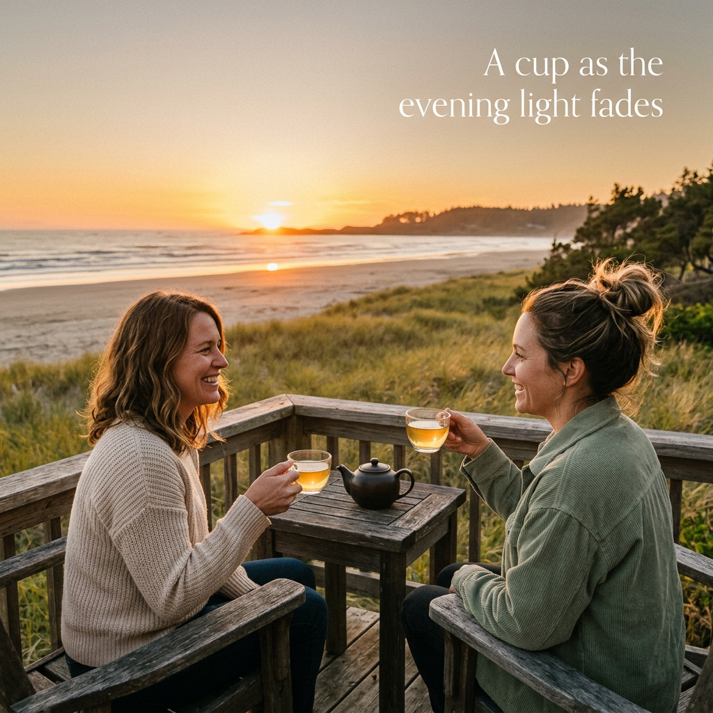 Two friends enjoying tea on a coastal cottage deck as the evening light fades.