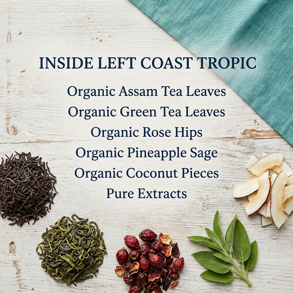 Left Coast Tropic ingredients: organic Assam tea leaves, organic green tea leaves, organic rose hips, organic pineapple sage, organic coconut pieces and pure extracts.