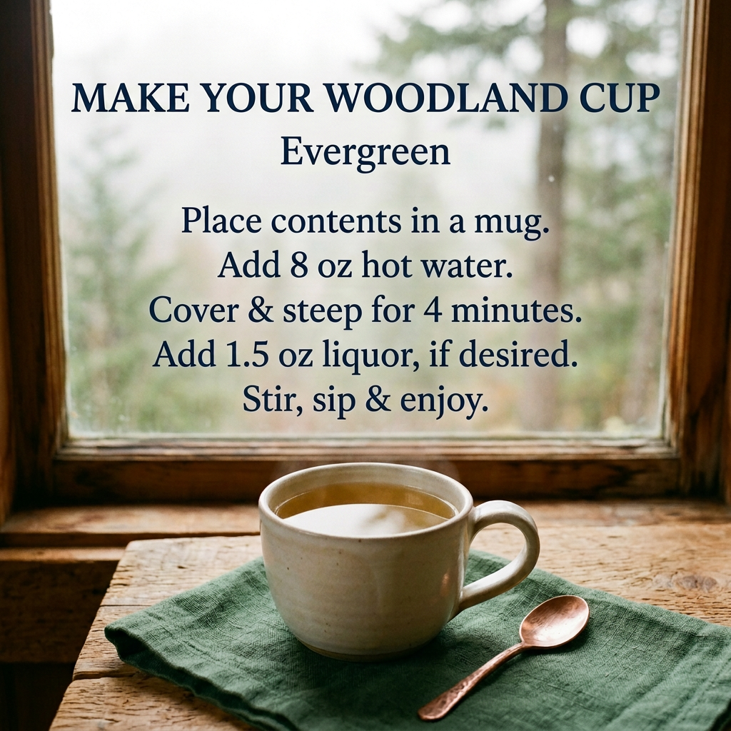 Evergreen preparation: place contents in a mug, add 8 oz hot water, cover and steep 4 minutes, optionally add 1.5 oz liquor, stir and enjoy.