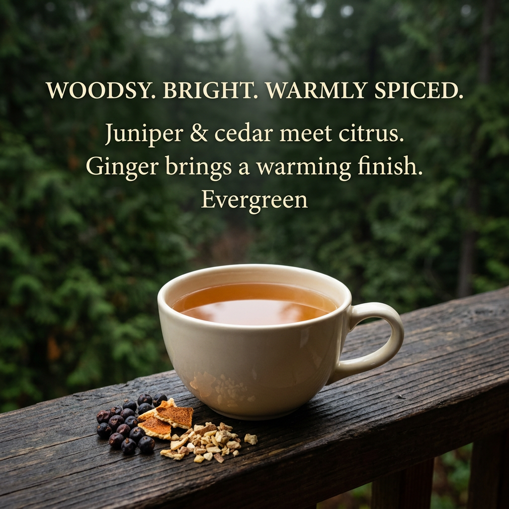 Evergreen flavor: woodsy juniper and cedar meet bright citrus and warming ginger.