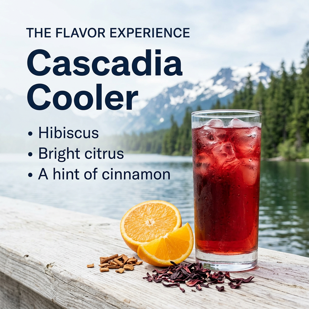 Cascadia Cooler flavor slide with ruby-red iced tea, orange, hibiscus and cinnamon chips beside a mountain lake, highlighting hibiscus, bright citrus and a hint of cinnamon.