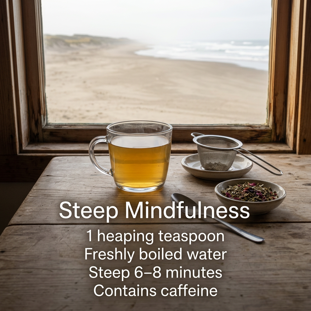 Steep Mindfulness using one heaping teaspoon and freshly boiled water for 6–8 minutes. Contains caffeine.
