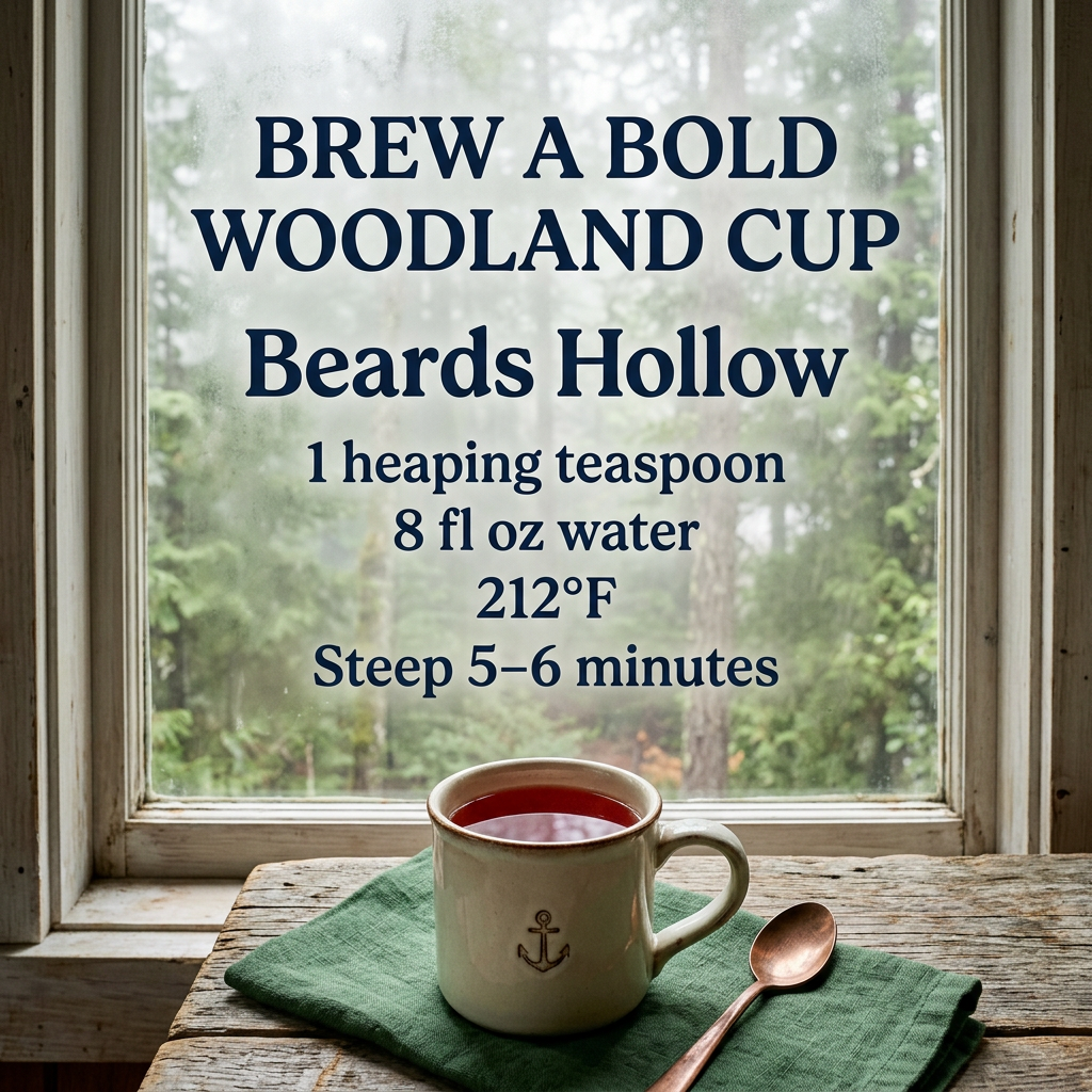 Beards Hollow brewing guide: 1 heaping teaspoon, 8 fl oz water at 212°F, steep 5–6 minutes.