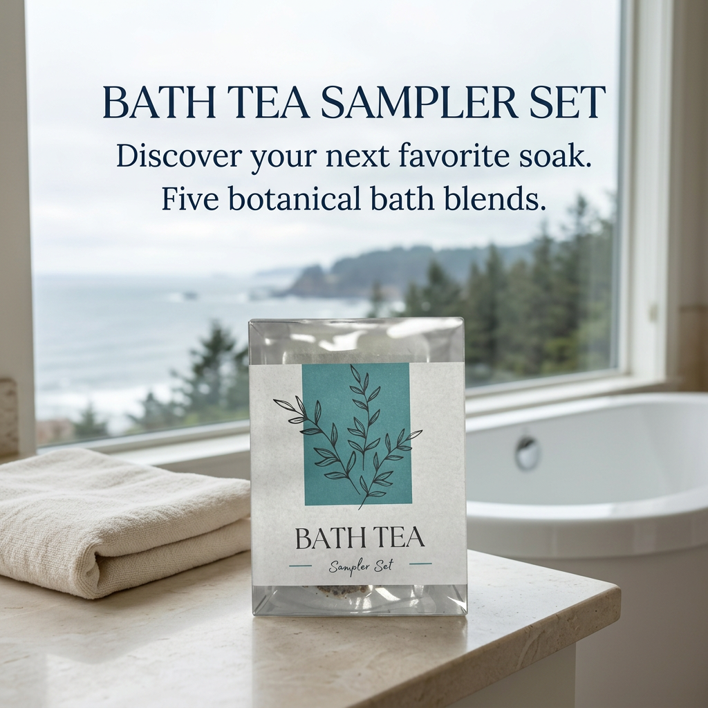 Bath tea sampler gift box with a teal botanical label beside a potted green plant on a marble-patterned surface