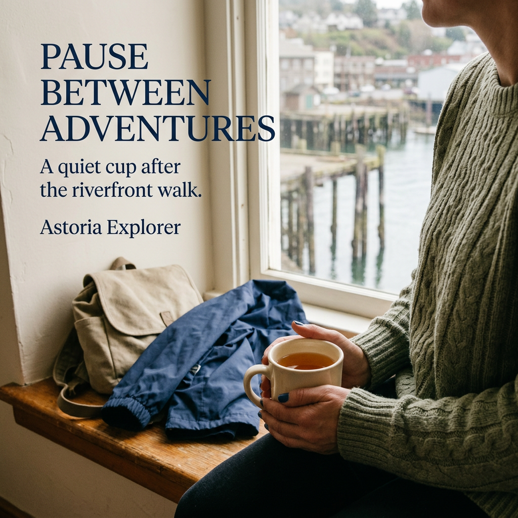 An adult in an olive sweater holds a cream mug of amber tea at a waterfront window seat beside a canvas daypack and navy rain jacket. Pause between adventures. A quiet cup after the riverfront walk. Astoria Explorer.