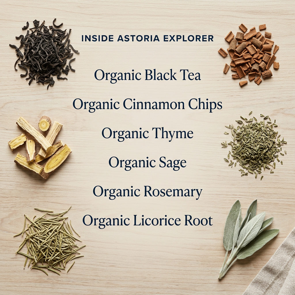 Inside Astoria Explorer: Organic Black Tea, Organic Cinnamon Chips, Organic Thyme, Organic Sage, Organic Rosemary, Organic Licorice Root. Six botanical ingredients arranged on pale wood without packaging.