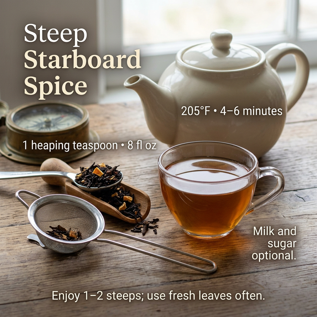 Starboard Spice brewing: 1 heaping teaspoon per 8 fl oz, 205°F for 4–6 minutes. Milk and sugar optional; enjoy 1–2 steeps and use fresh leaves often.