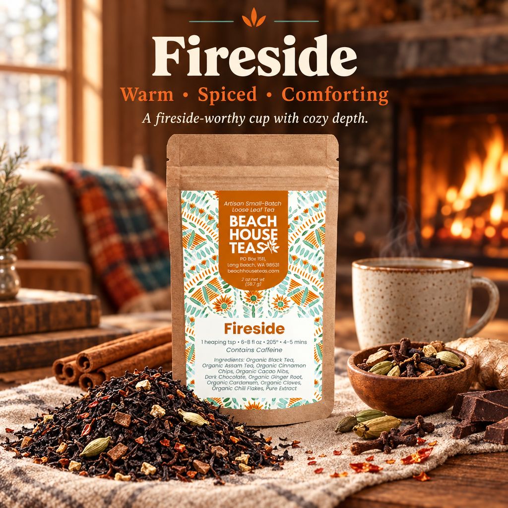 Fireside tea pouch with loose black tea and warming spices beside a ceramic mug and glowing cabin fireplace.