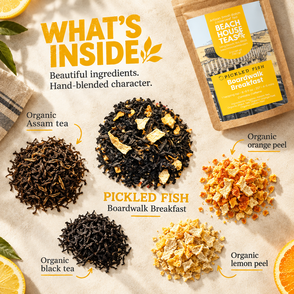 Boardwalk Breakfast ingredient flatlay labeled organic Assam tea, black tea, orange peel and lemon peel.
