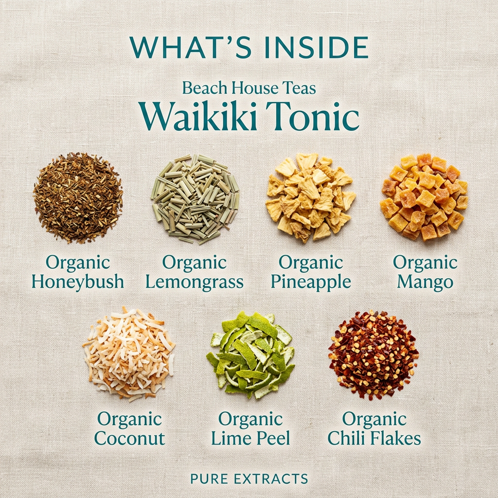Waikiki Tonic ingredients: honeybush, lemongrass, pineapple, mango, coconut, lime peel, chili flakes and pure extracts, without packaging.
