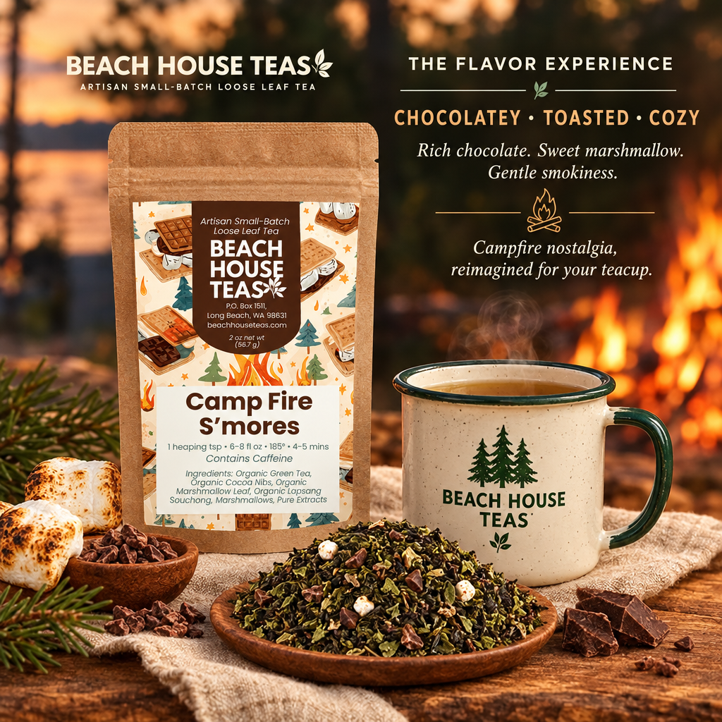 Campfire S'Mores pouch and tea mug with cocoa and marshmallows, highlighting chocolate, toasted sweetness and smokiness.