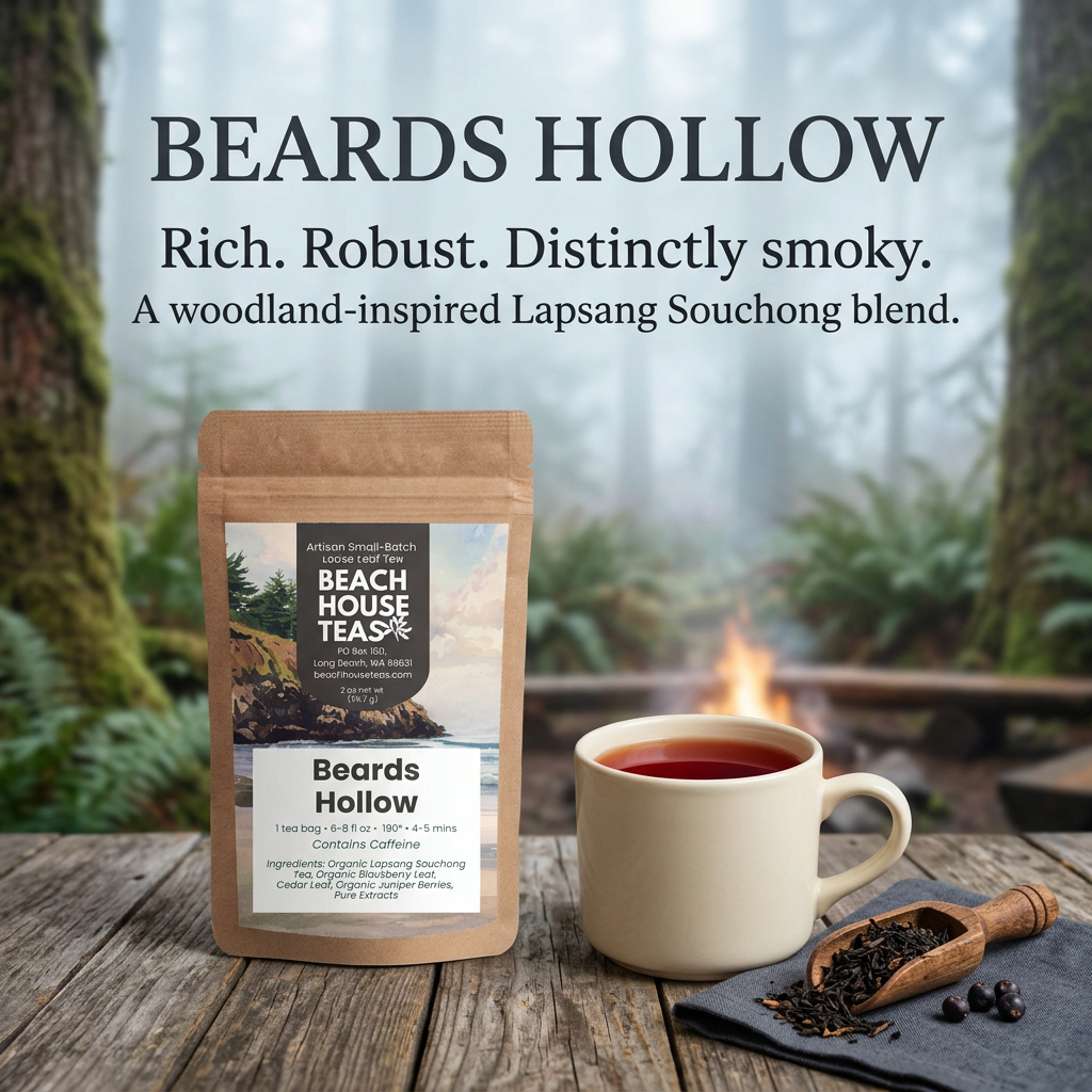 Beards Hollow tea pouch beside a cream mug of deep crimson tea, loose tea and juniper berries on a rustic table in a misty woodland campfire setting. Rich. Robust. Distinctly smoky. A woodland-inspired Lapsang Souchong blend.
