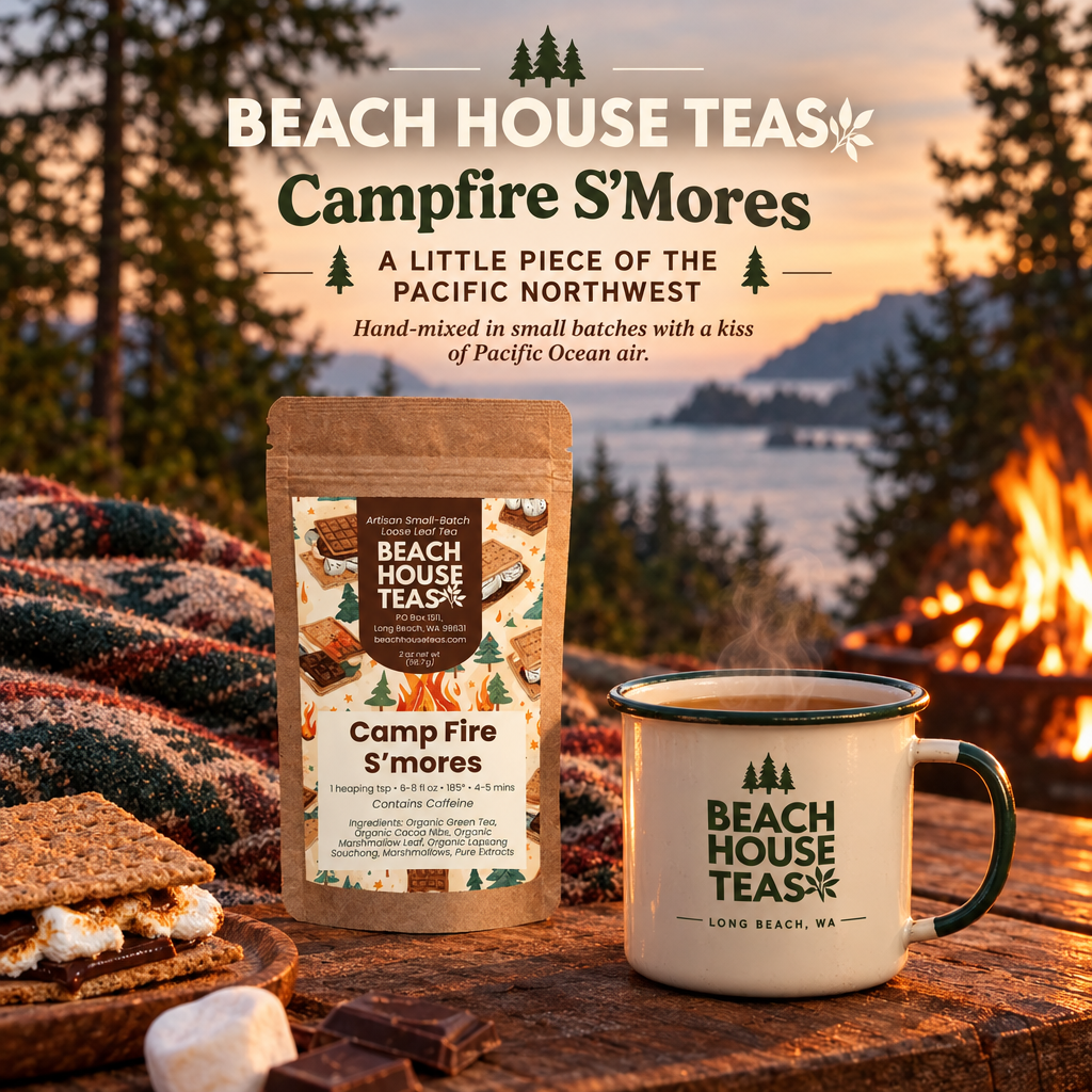 Campfire S'Mores pouch and enamel tea mug with a blanket overlooking a Pacific Northwest forest and coastal campfire.