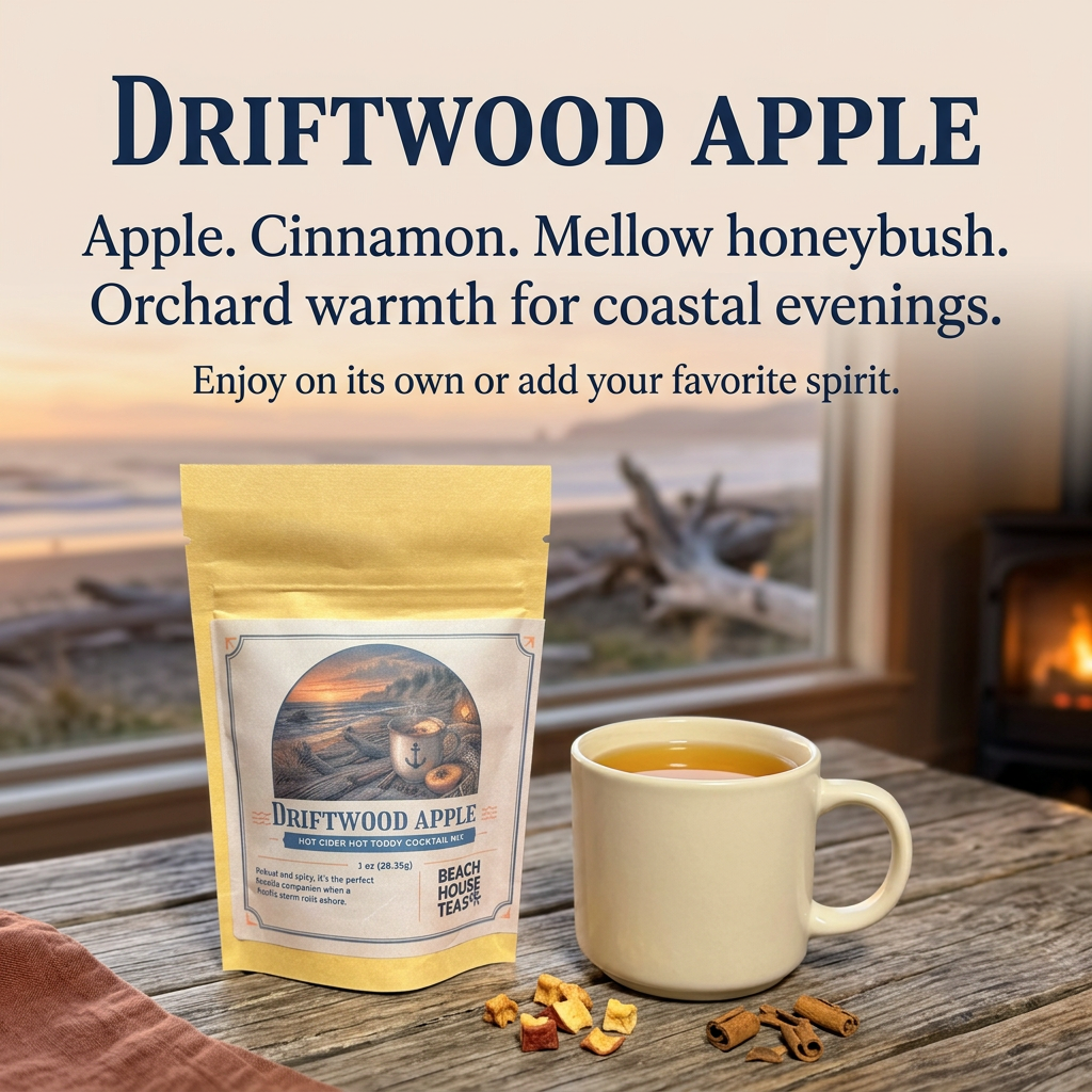Driftwood Apple cocktail mix pouch beside a cream mug of golden amber drink, dried apple pieces and cinnamon on a weathered table overlooking a driftwood shoreline at dusk. Apple. Cinnamon. Mellow honeybush. Orchard warmth for coastal evenings. Enjoy on its own or add your favorite spirit.