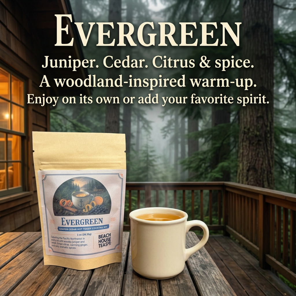 Evergreen juniper cedar hot toddy mix pouch and amber drink on a cabin porch overlooking a misty forest.